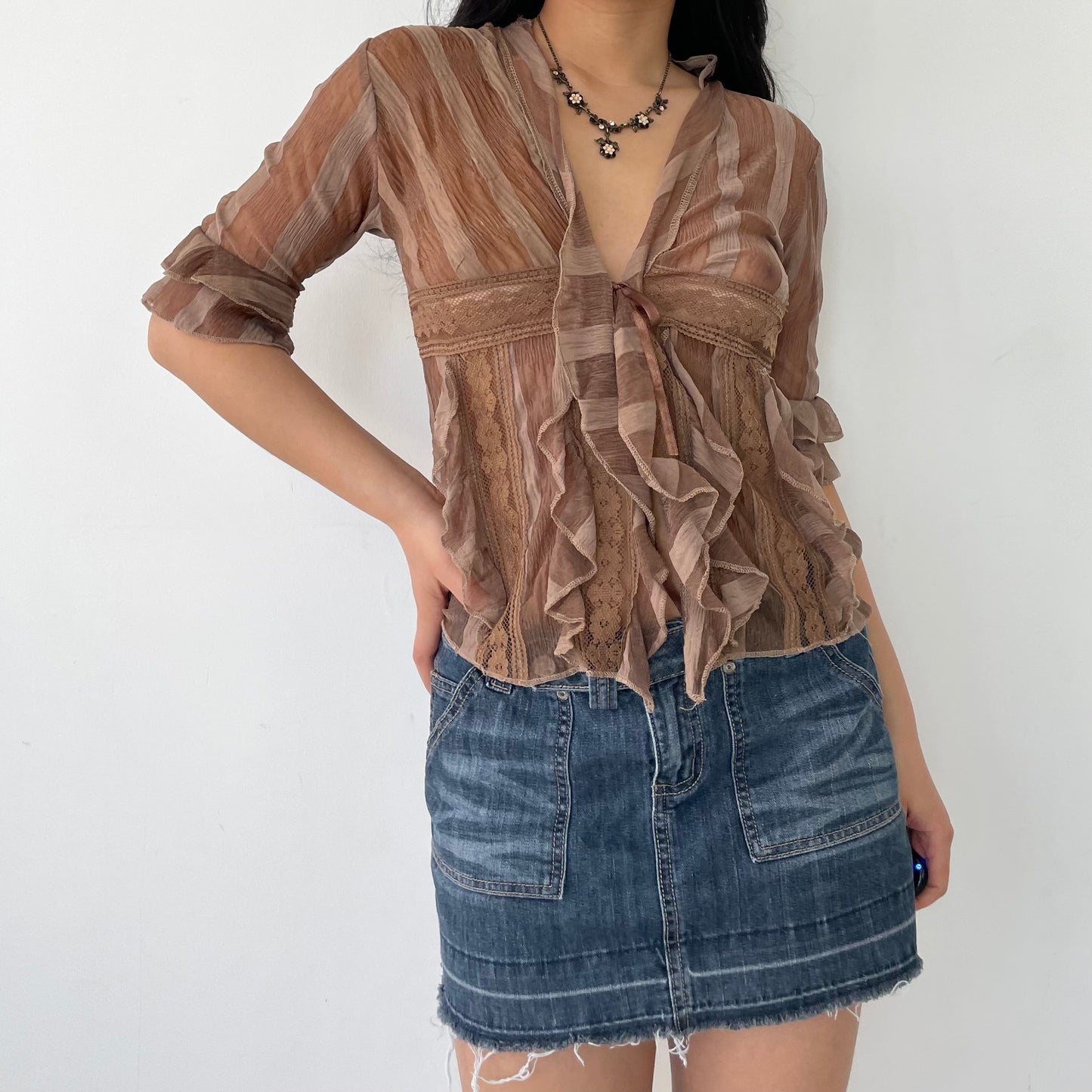 Brown Sheer Ruffle Long Sleeve Tie Front Top - Small/Medium