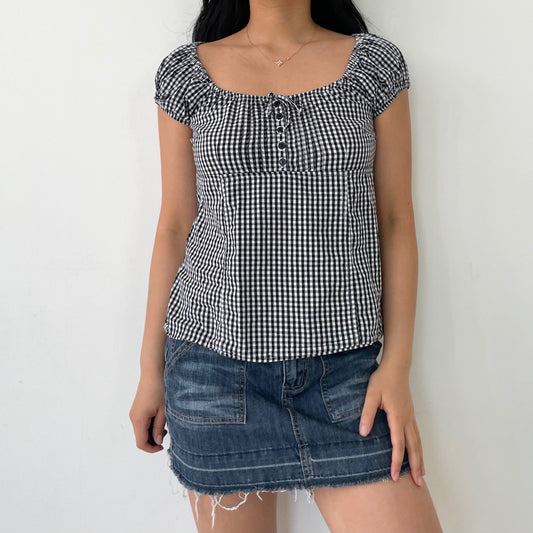 H&M Black and White Gingham Short Sleeve Milkmaid Blouse - X-Small/Small