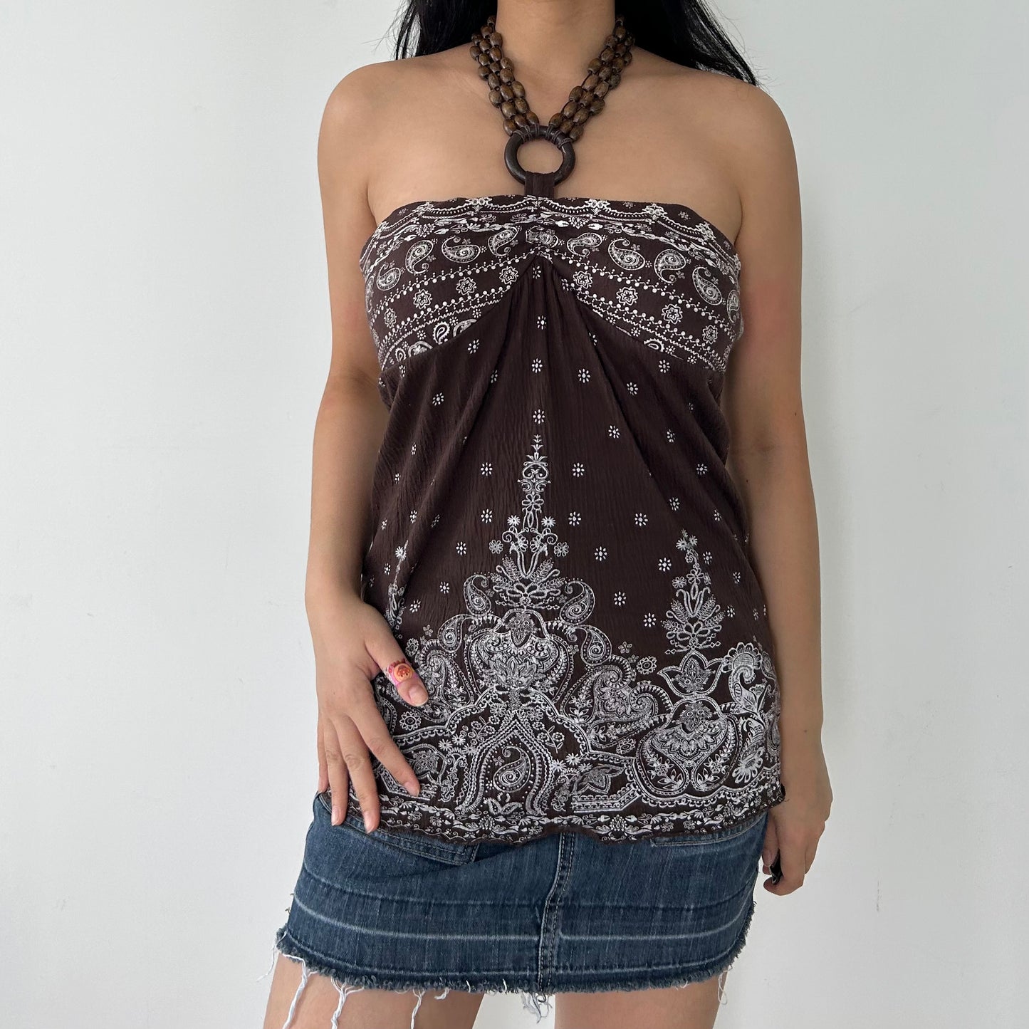 Brown Paisley Print Wooden O-Ring Beaded Halter Neck Top - Large