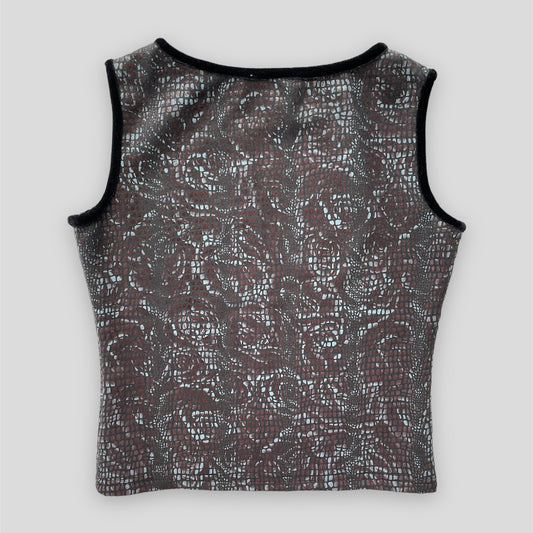 Blue and Purple Rose Patterned Snake Skin Effect Sleeveless Tank Top - Medium