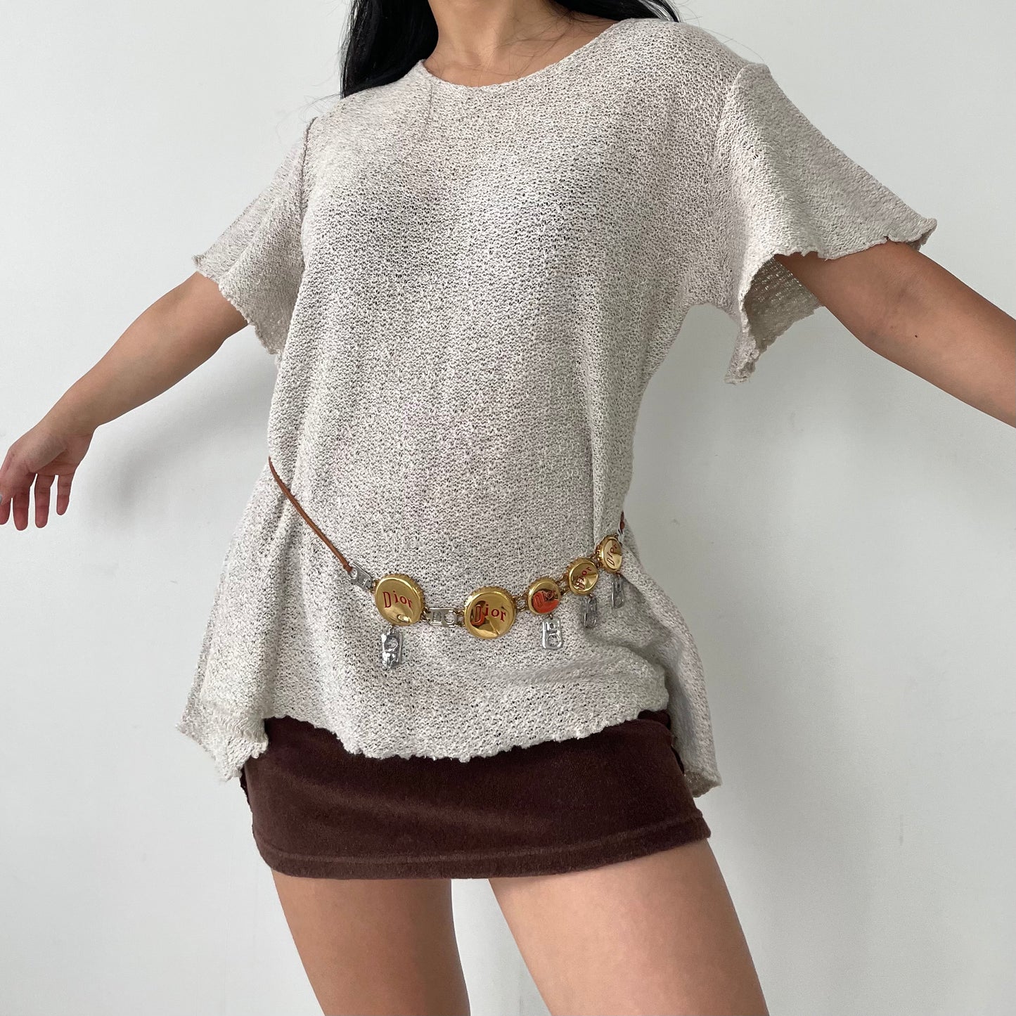 Beige Short Sleeve Flowy Knit Top - Large