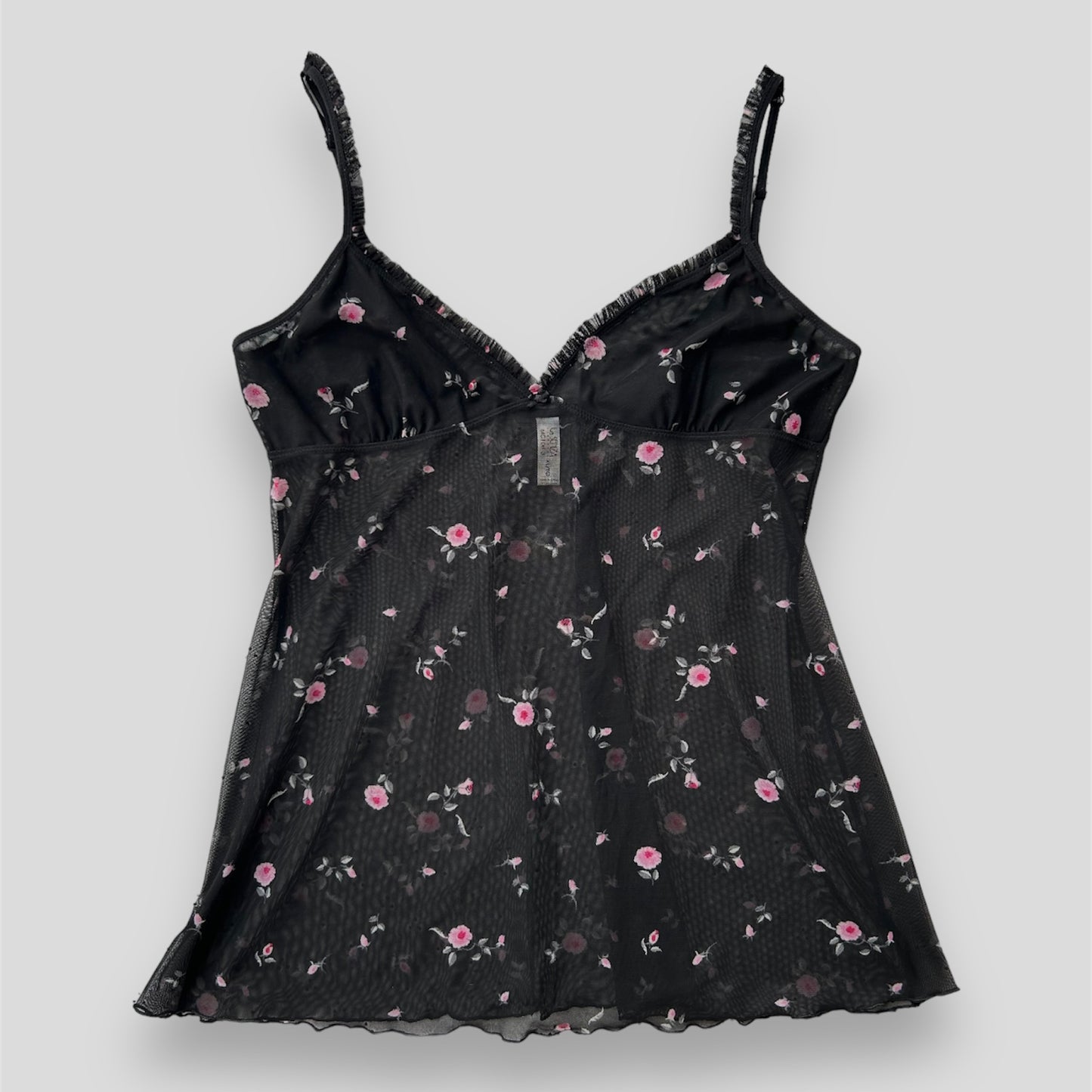 La Senza Black and Pink Floral Ruffle Trim Sheer Mesh Tank - X-Large