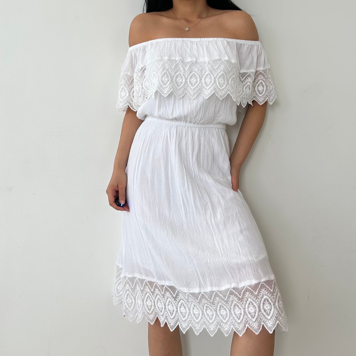 Topshop White Off Shoulder Short Sleeve Lace Boho Summer Dress - Medium