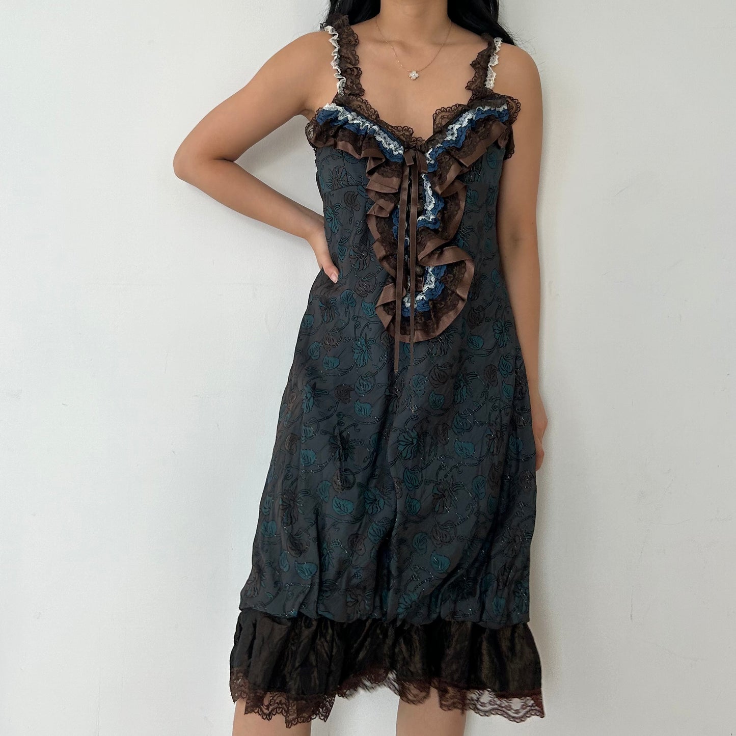 Vintage Barbara Milano Dark Teal and Brown Heavy Brocade Jacquard Gothic Lolita Dress - Small