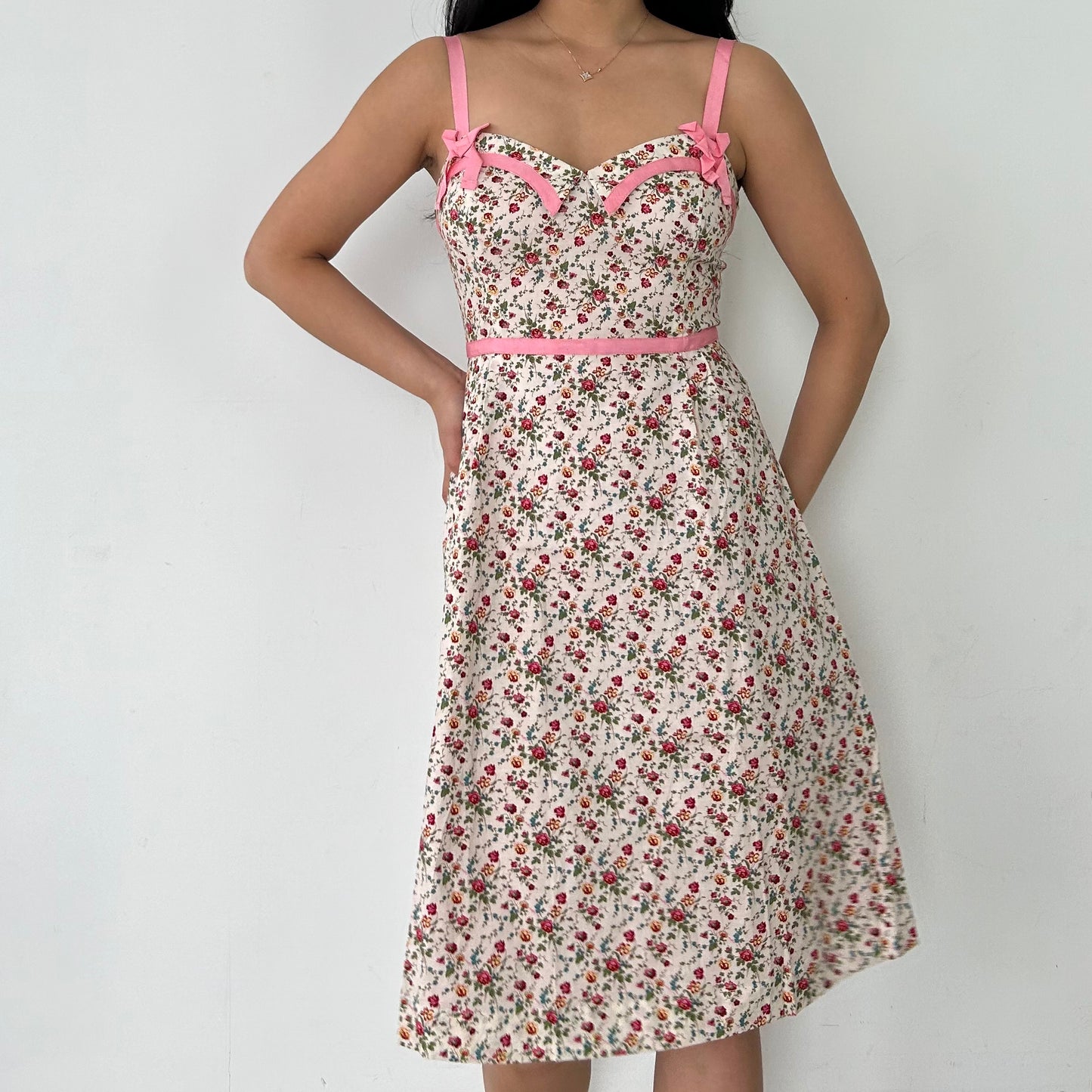 Vintage Early 2000s BNWT Martina Pink Ribbon Strap Floral Summer Dress - X-Small