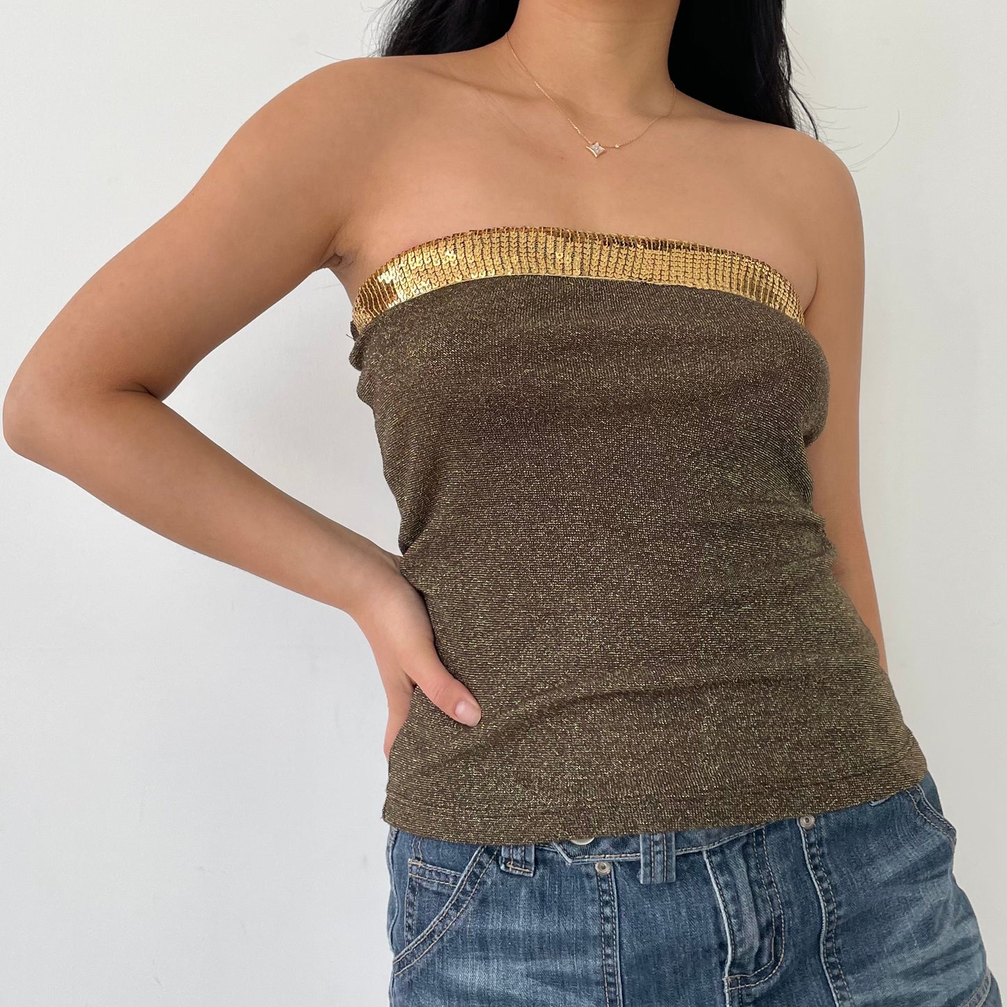 Sabra Bronze and Gold Strapless Sequin Top - Small