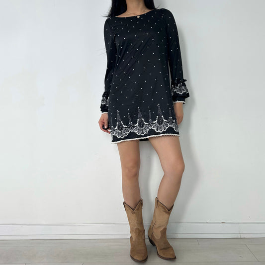 BNWT Snidel Black Boat Neck Polka Dot Printed Bell Sleeve Mini Dress - X-Small/Small