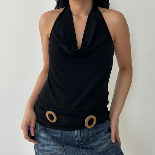 Suzy Shier Y2K Black Cowl Neck Halter Top with Wooden O Ring Details - Medium