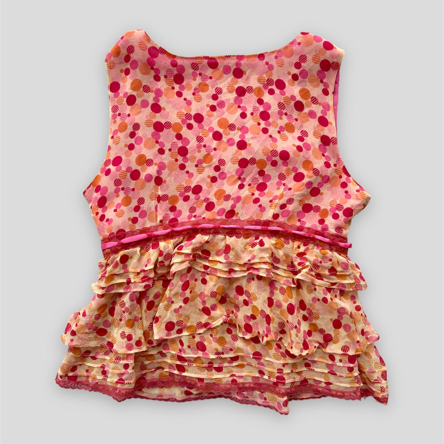 Pink and Orange Sleeveless V Neck Silk Ruffle Top - X-Small