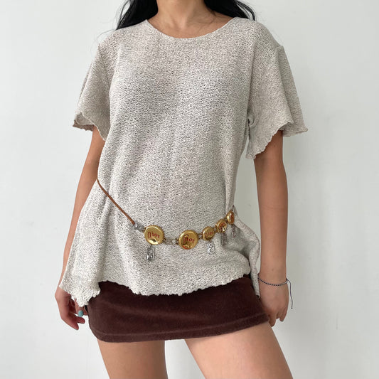 Beige Short Sleeve Flowy Knit Top - Large