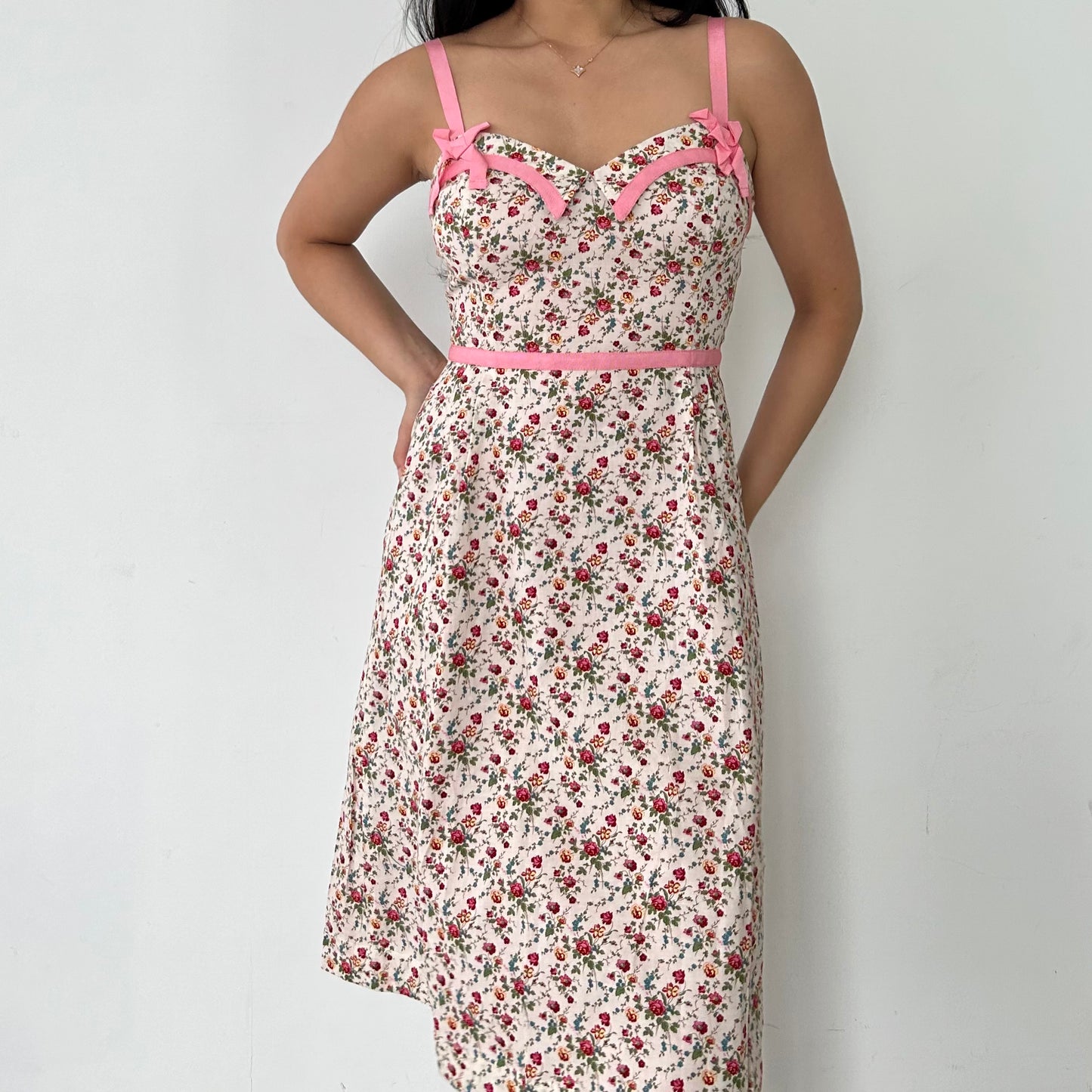 Vintage Early 2000s BNWT Martina Pink Ribbon Strap Floral Summer Dress - X-Small