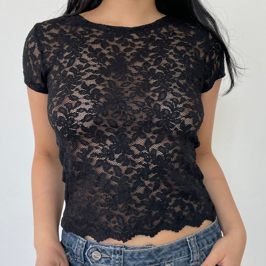 Suits Me Black Sheer Lace Baby Tee - Small/Medium