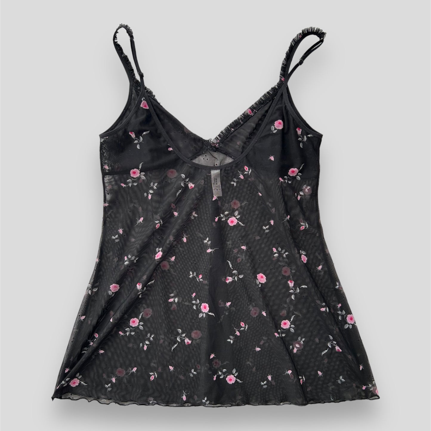 La Senza Black and Pink Floral Ruffle Trim Sheer Mesh Tank - X-Large