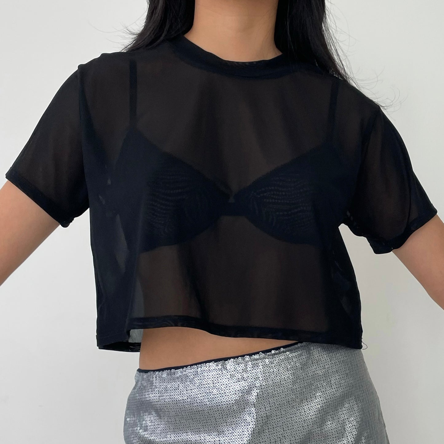 Joah Brown Black Sheer Mesh Short Sleeve Crop Top (XS-L)