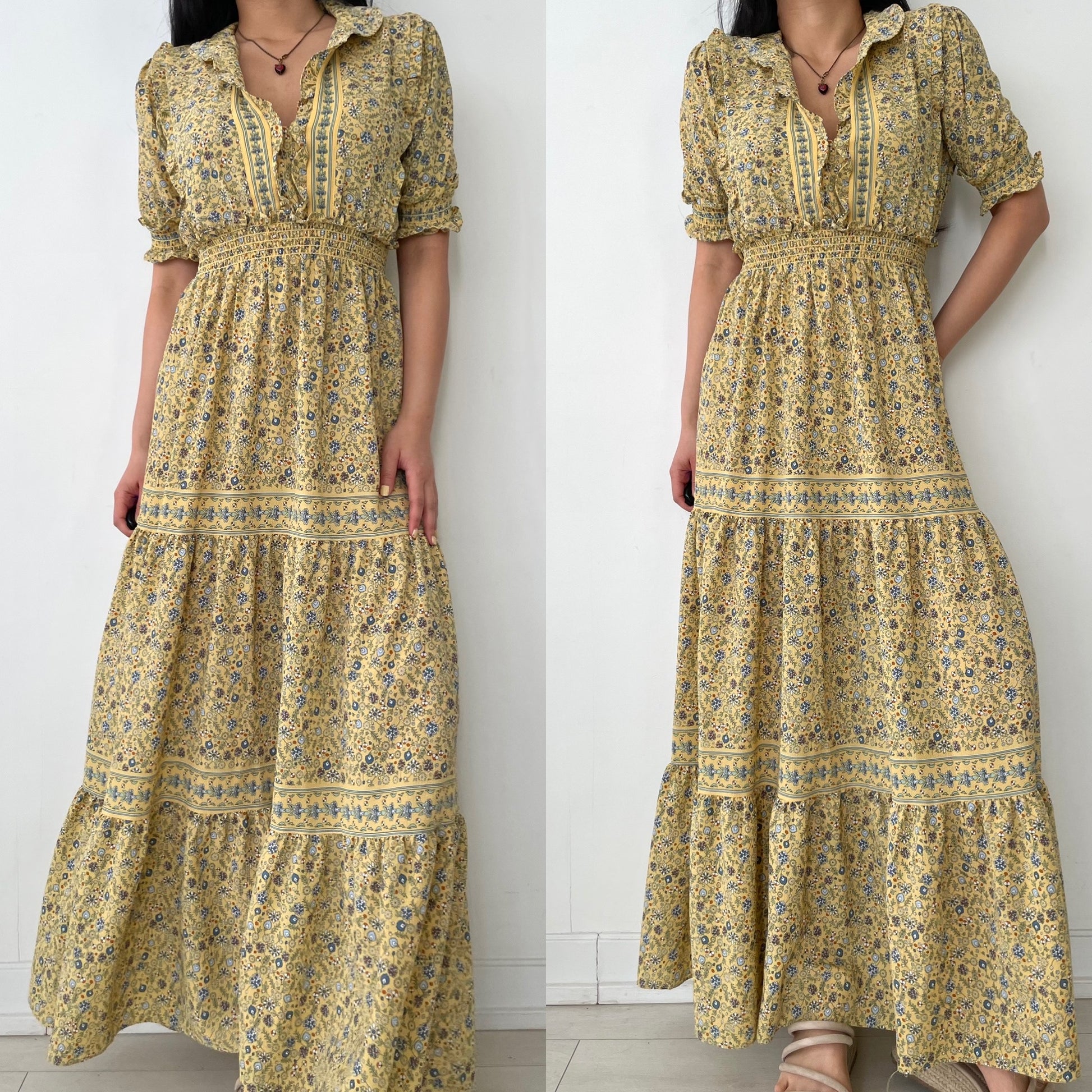 Max Studio Flowy Ruffle Collar Tiered Yellow Floral Maxi Dress Max Studio Flowy Ruffle Collar Tiered Yellow Floral Maxi Dress