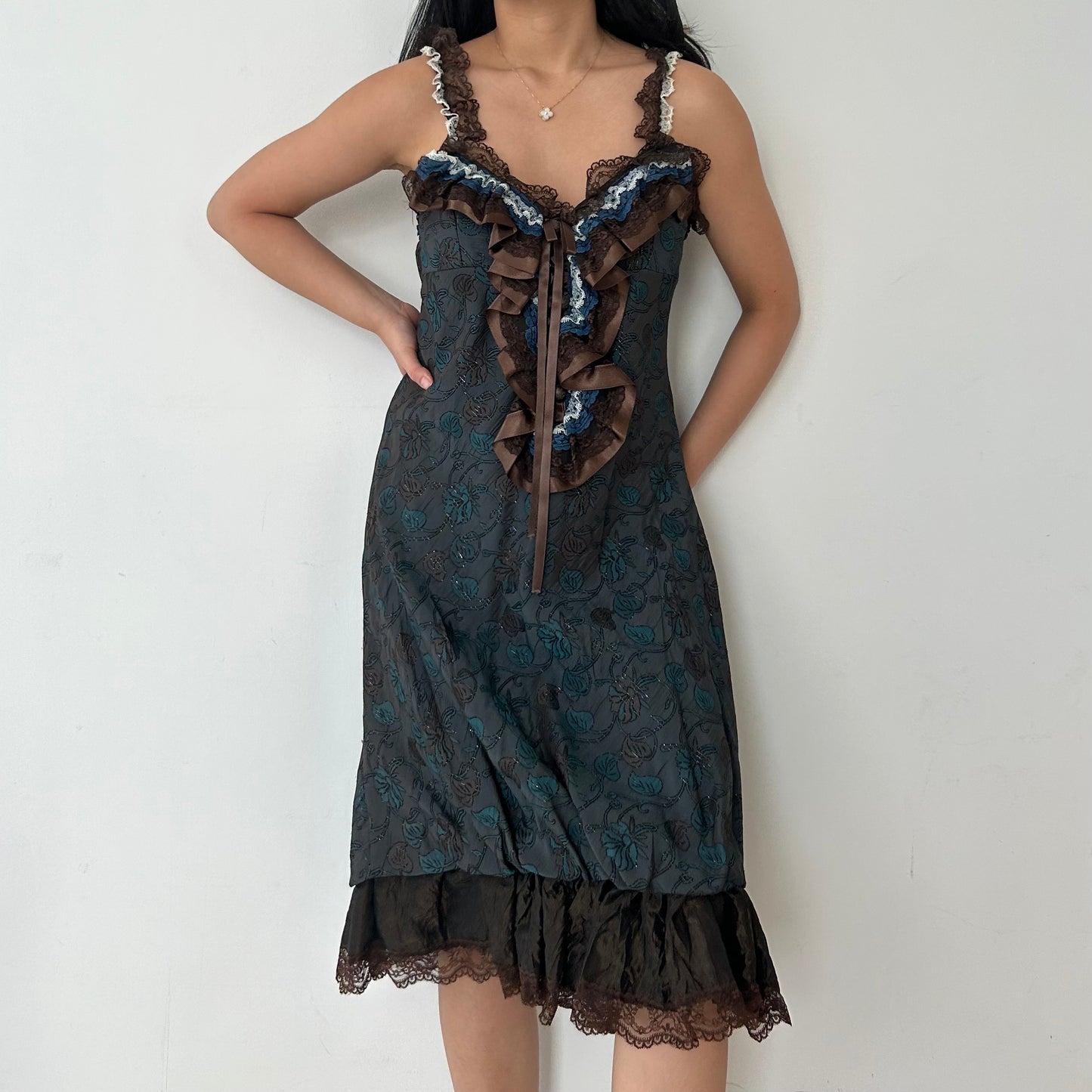 Vintage Barbara Milano Dark Teal and Brown Heavy Brocade Jacquard Gothic Lolita Dress - Small