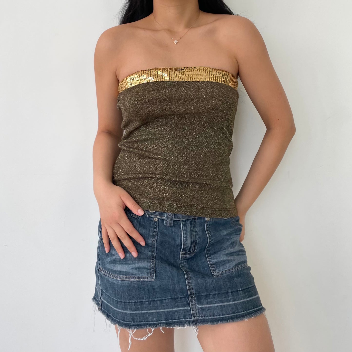 Sabra Bronze and Gold Strapless Sequin Top - Small