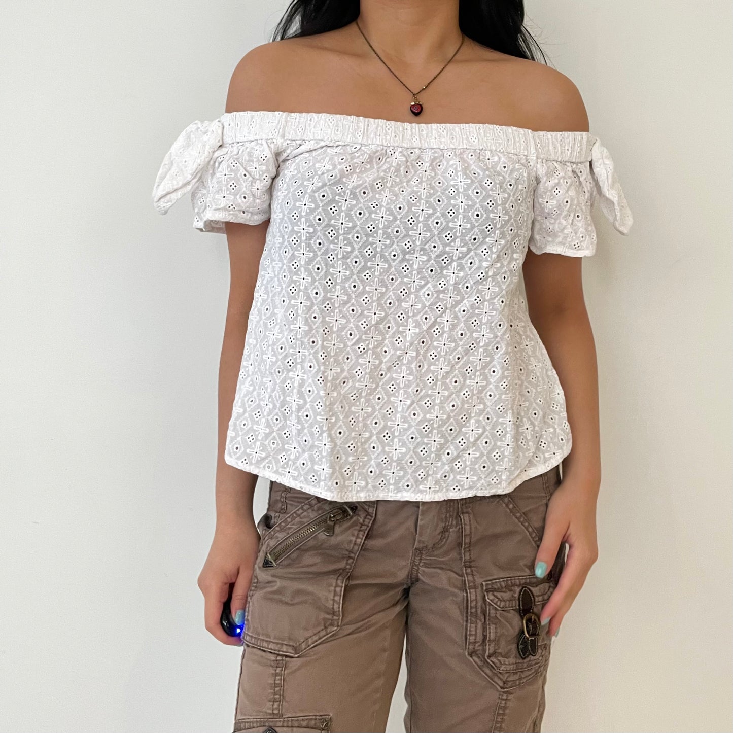 Abercrombie and Fitch White Broderie Anglaise Off Shoulder Top - Small