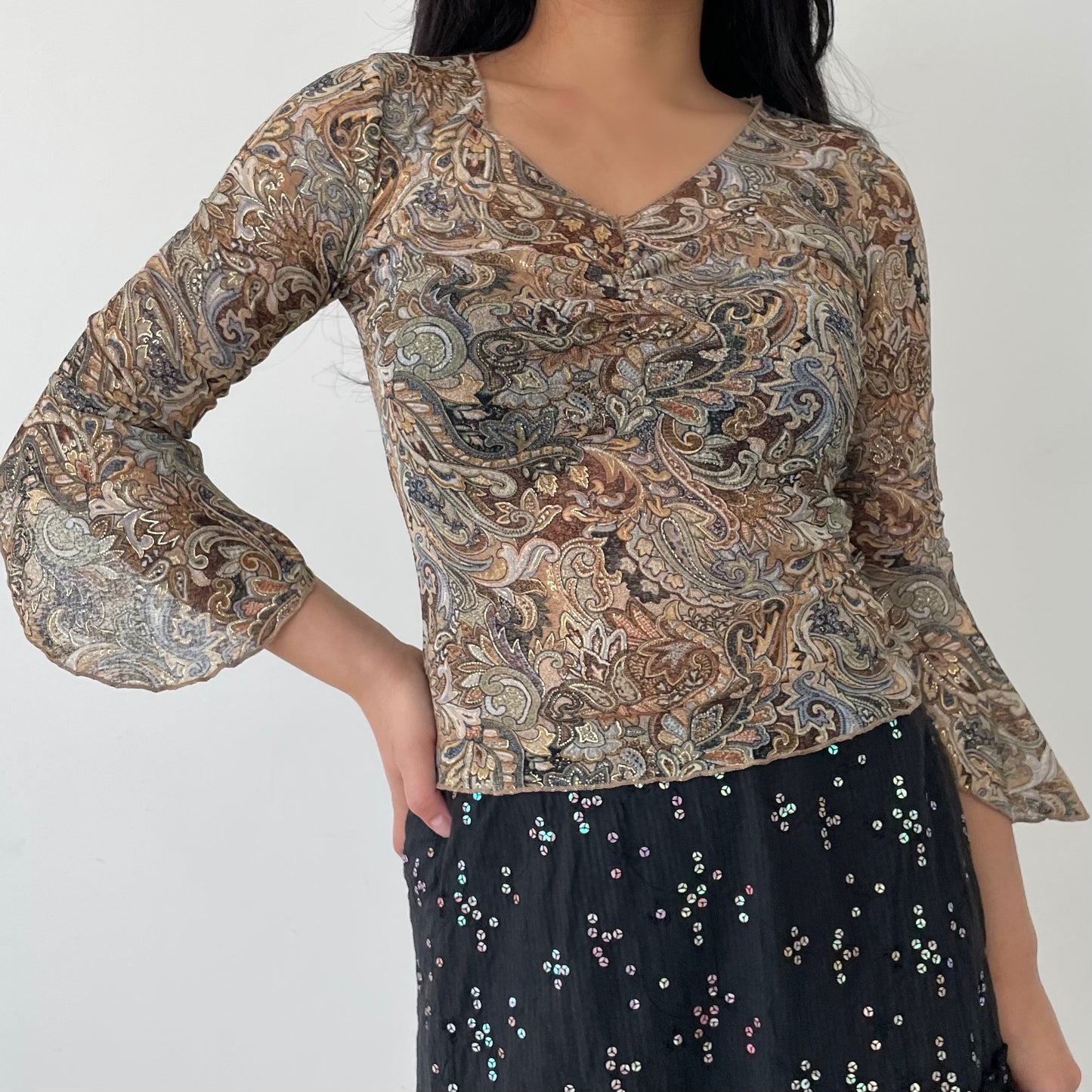 Fairweather USA Brown Paisley Print Bell Sleeve Fairy Top - Small