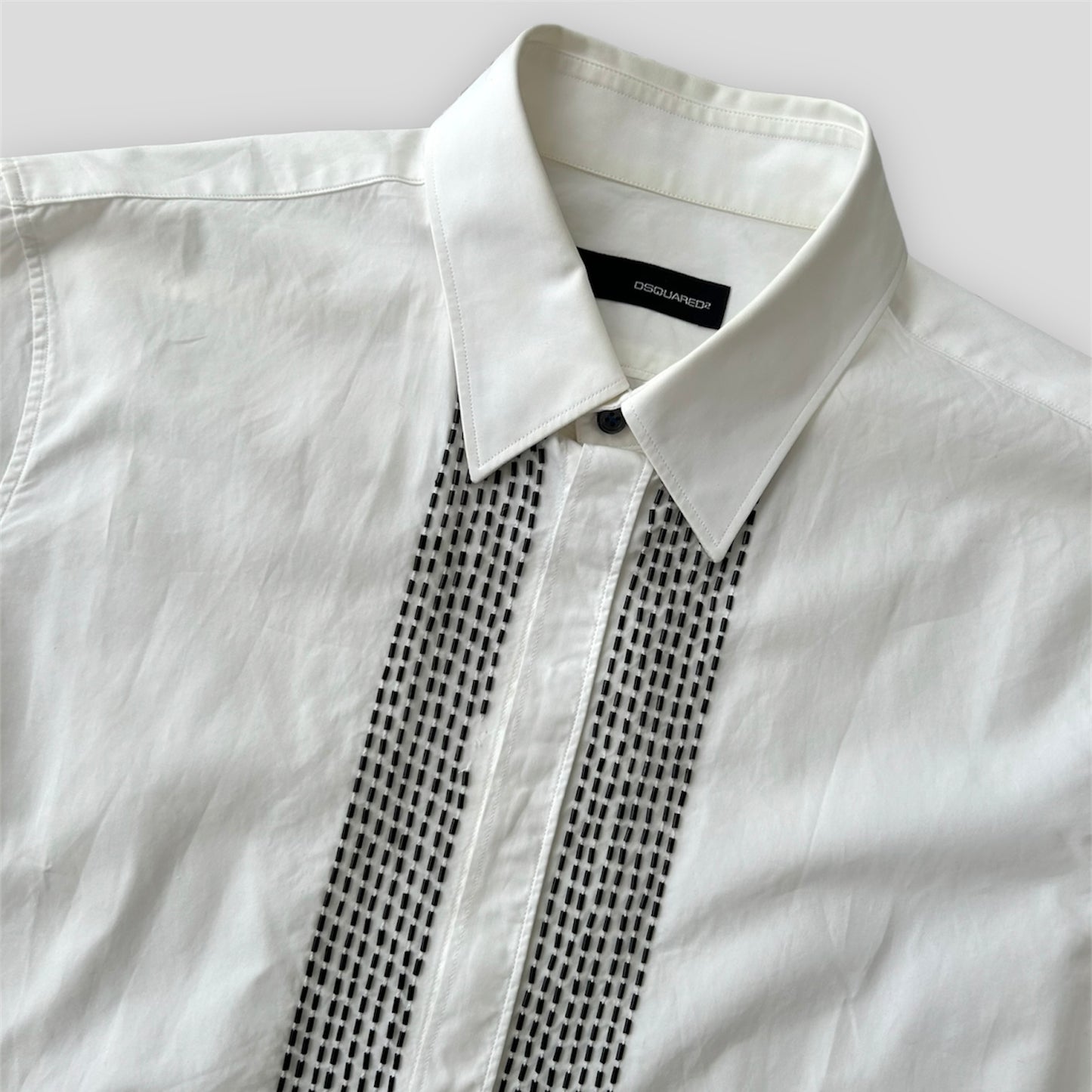 DSQUARED2 White Button Up Black Beaded Placket Dress Shirt - Large