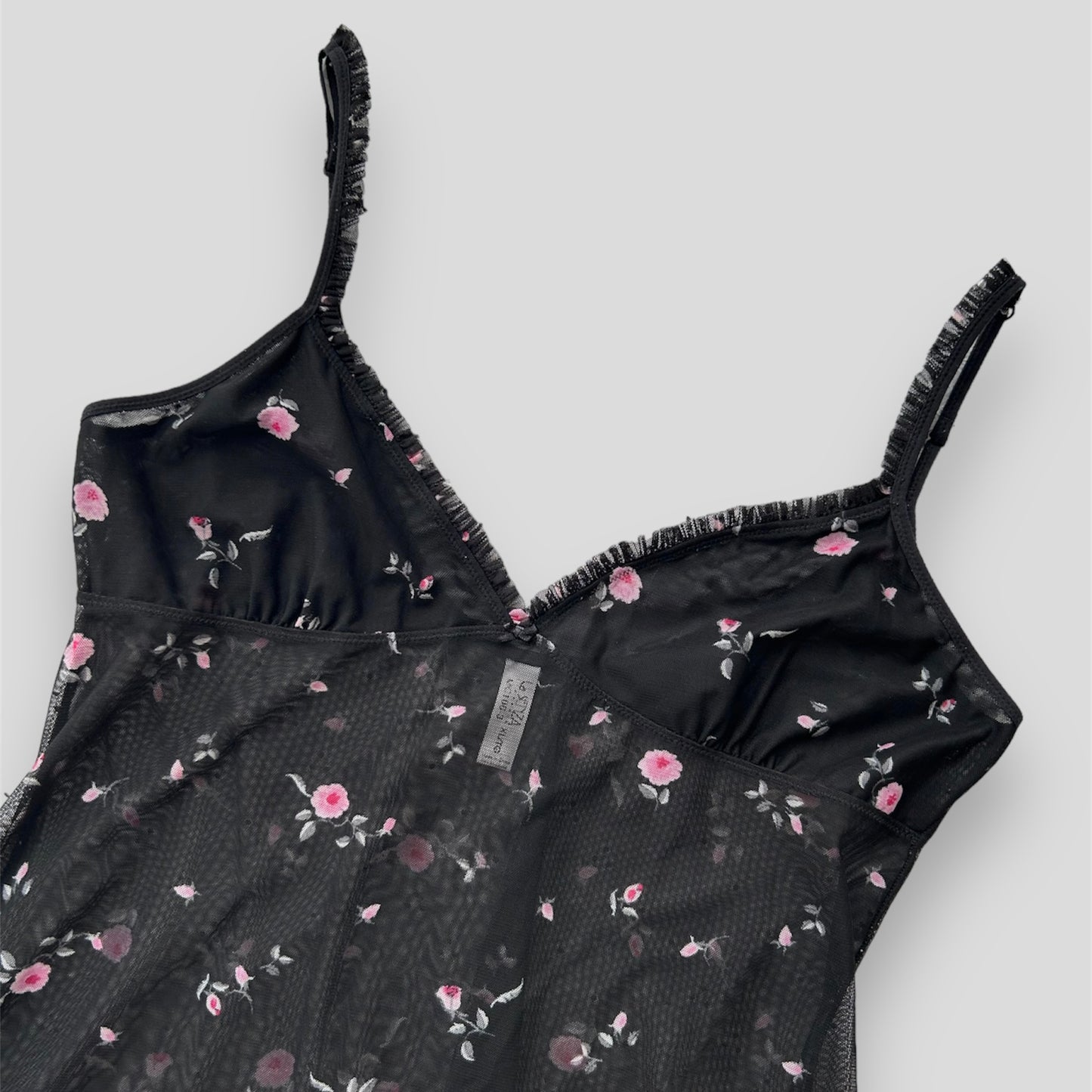 La Senza Black and Pink Floral Ruffle Trim Sheer Mesh Tank - X-Large