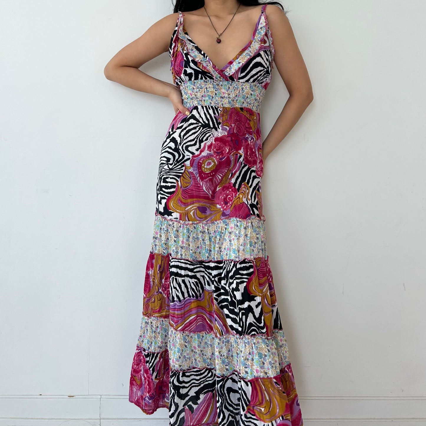 Pink Floral and Zebra Print Flowy Summer Maxi Dress - Small/Medium