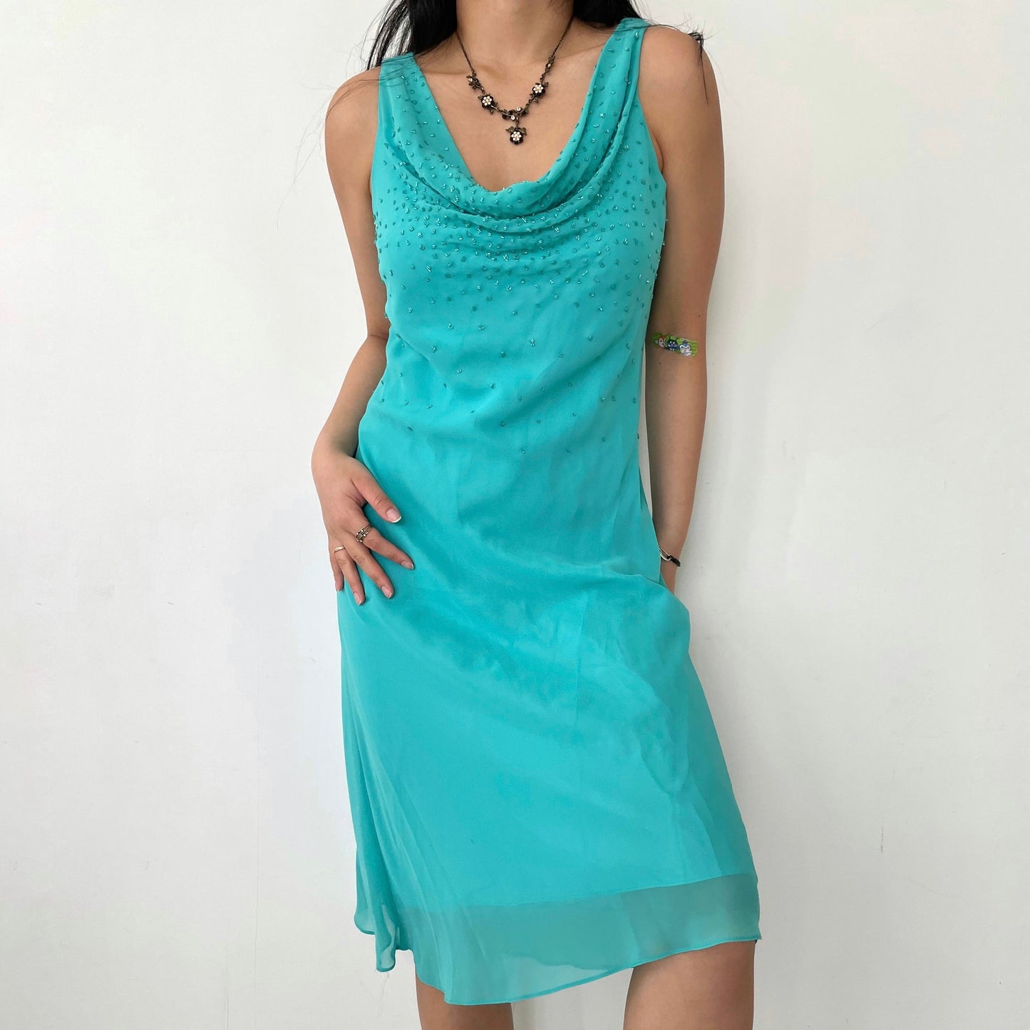 Vintage 1990s Chica’s USA Turquoise Beaded Cowl Neck Cocktail Dress - Medium