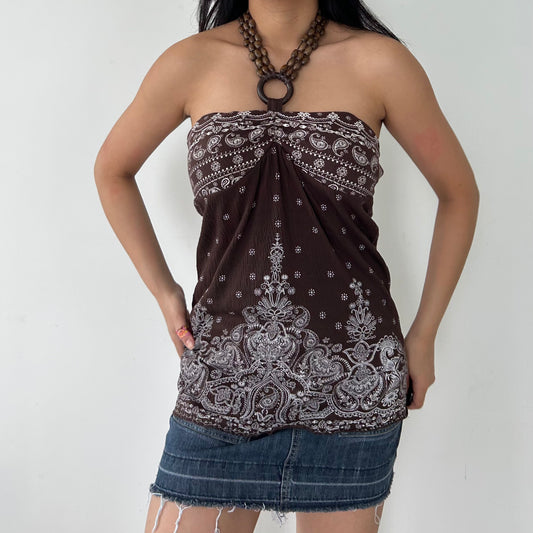 Brown Paisley Print Wooden O-Ring Beaded Halter Neck Top - Large