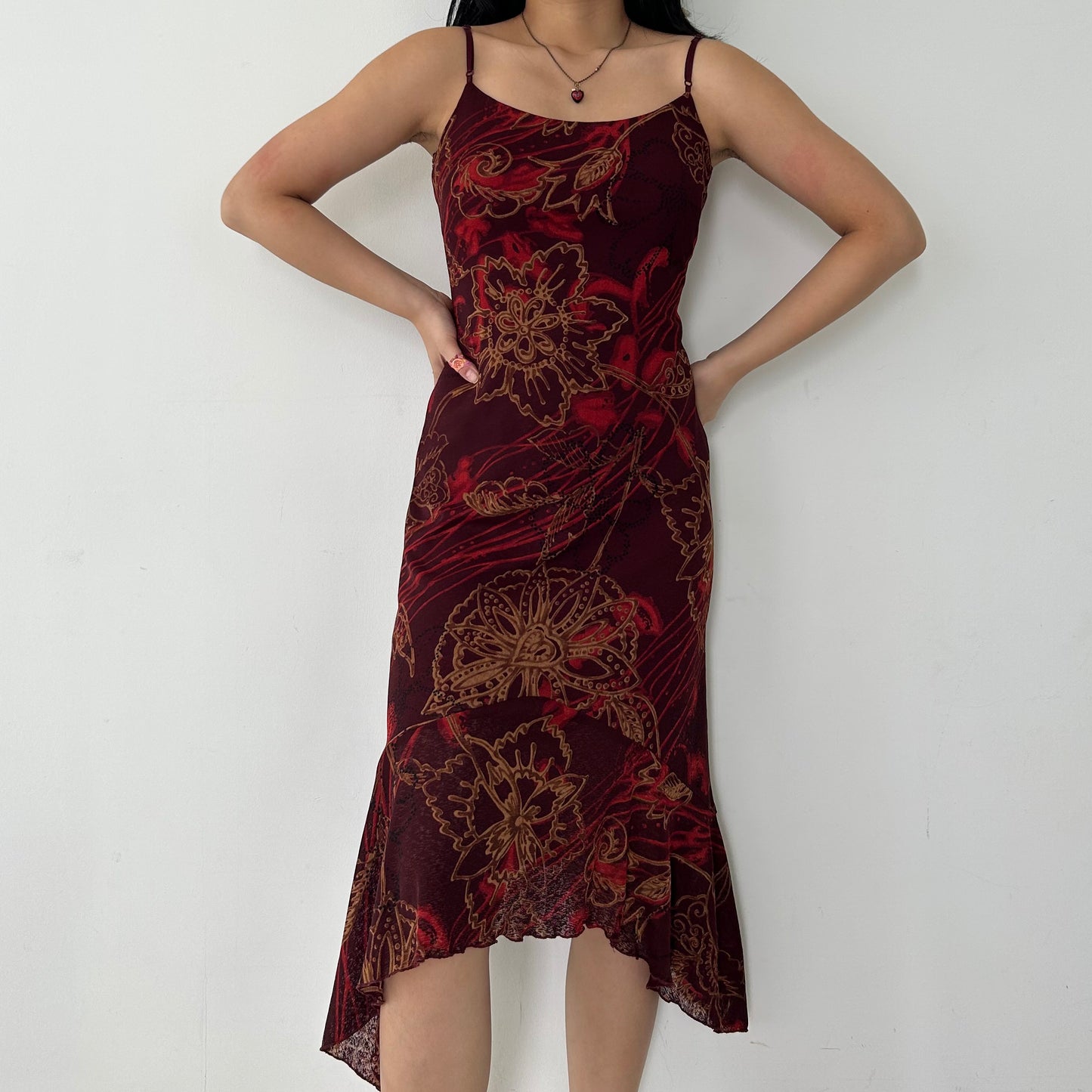 Vintage Made in USA Burgundy Red Floral Asymmetrical Midi Dress