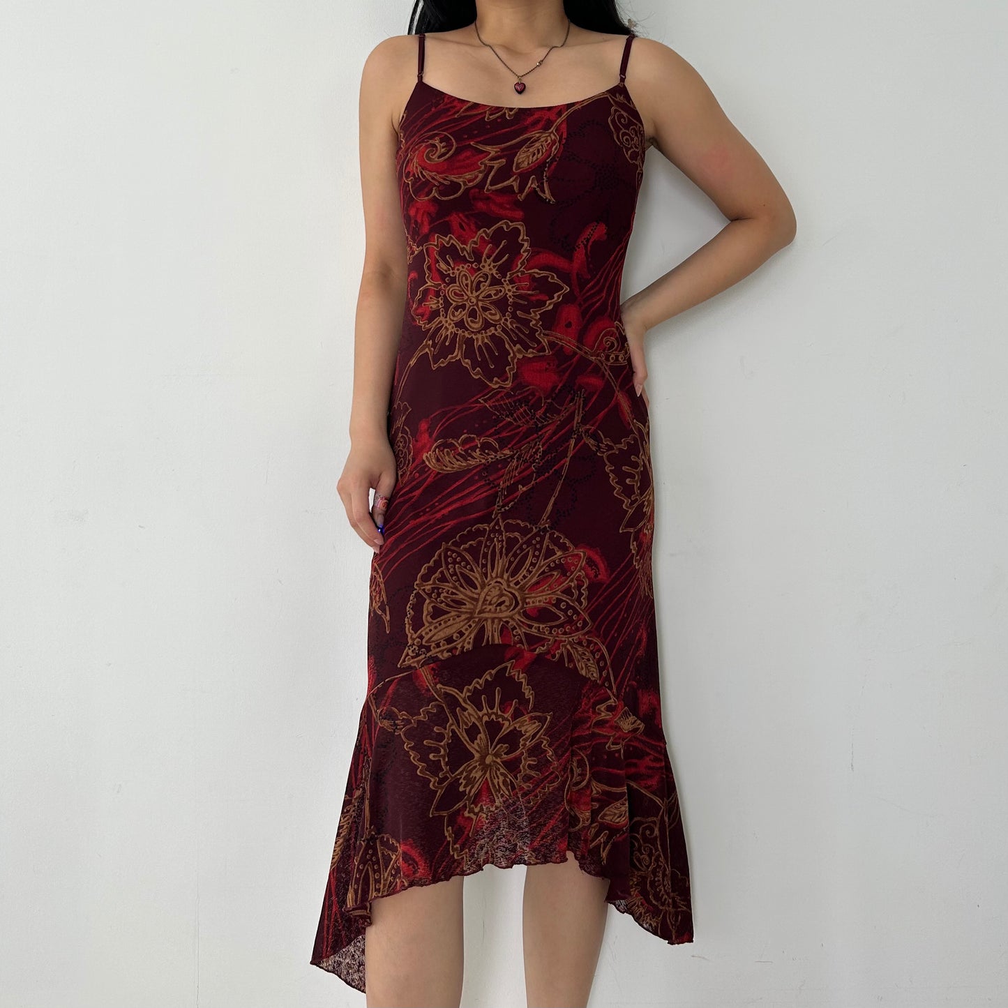 Vintage Made in USA Burgundy Red Floral Asymmetrical Midi Dress