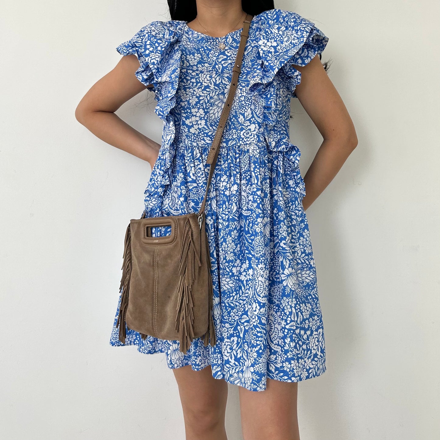 Zara Blue and White Floral Ruffle Sleeve Mini Dress - Small