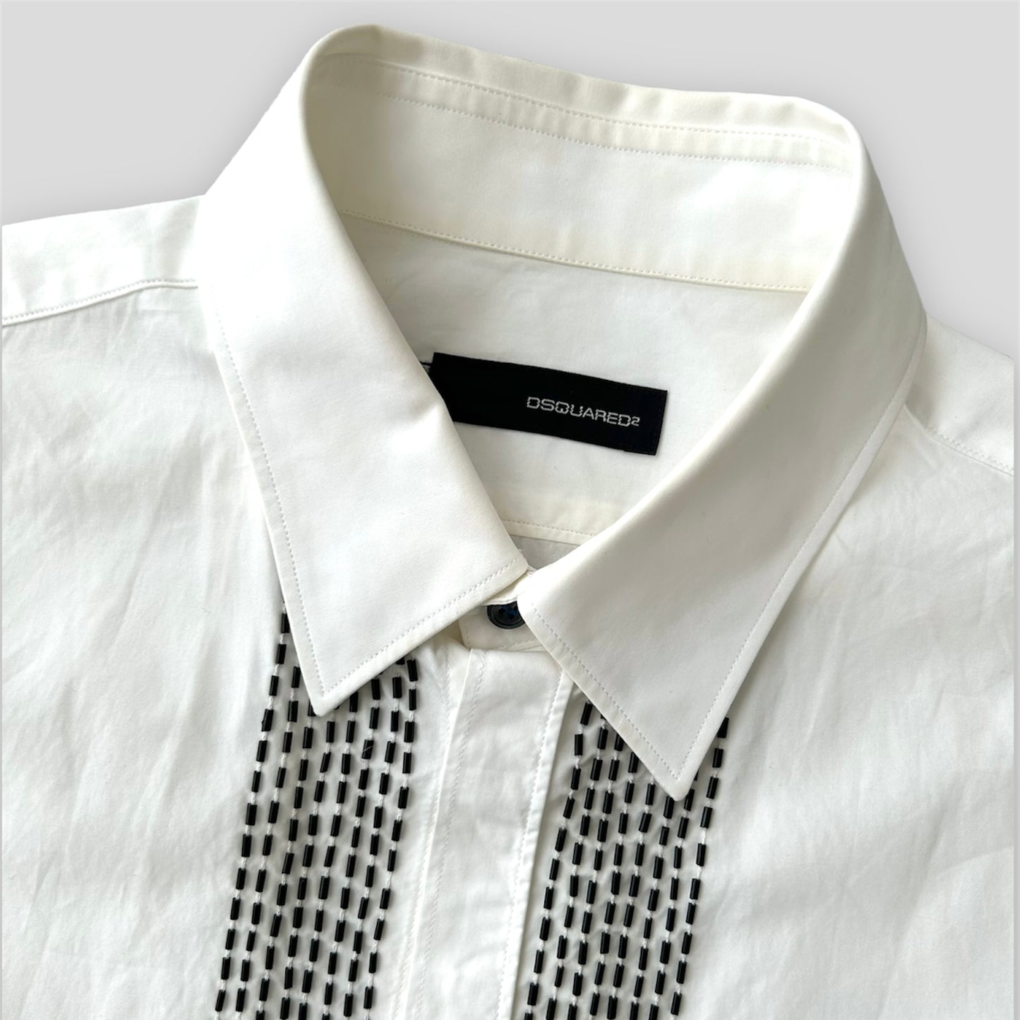 DSQUARED2 White Button Up Black Beaded Placket Dress Shirt - Large