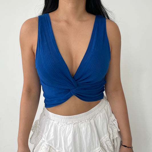 Zara Cobalt Blue Knotted Sleeveless Crop Top - Medium