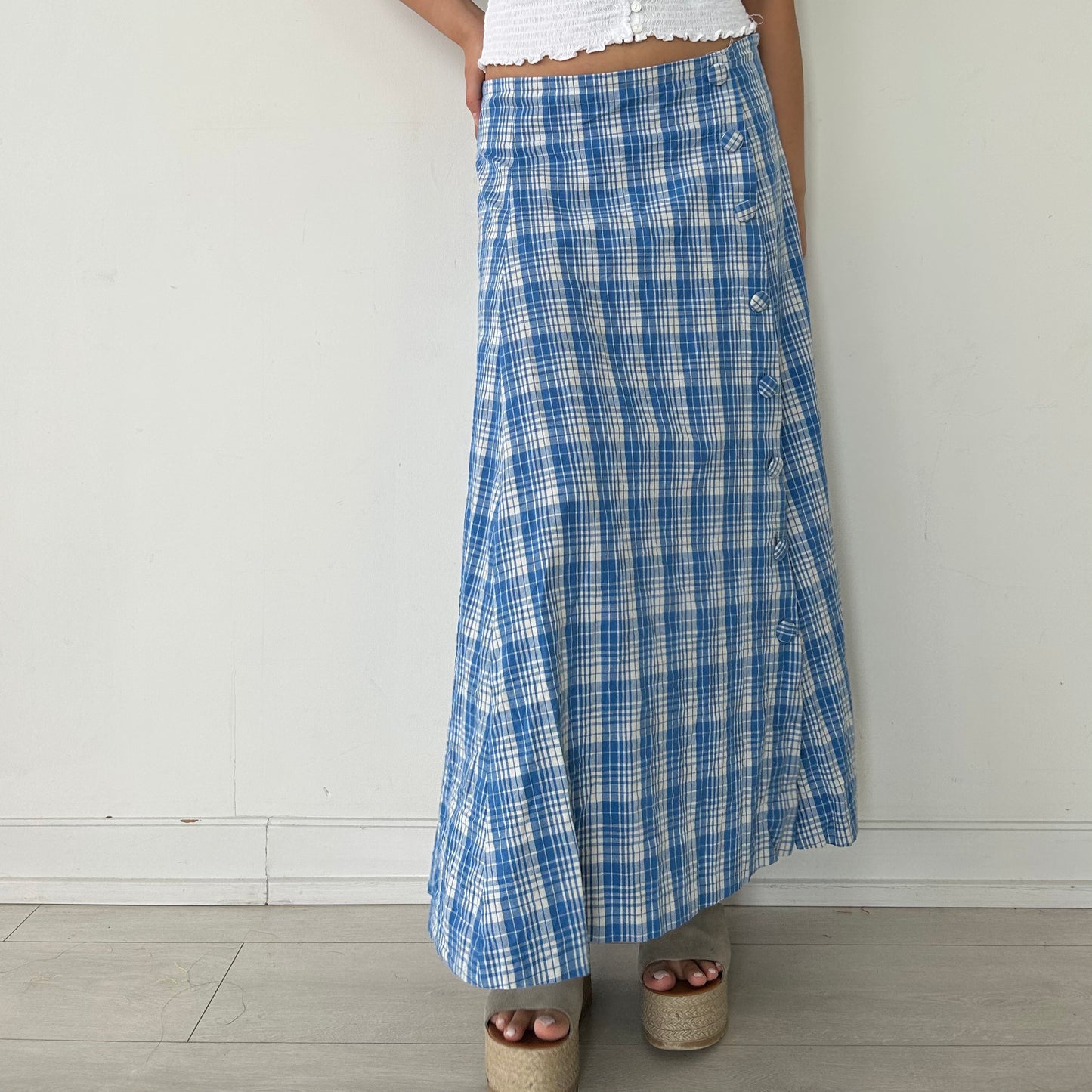 Zara Blue and White Plaid Maxi Skirt - Medium/Large