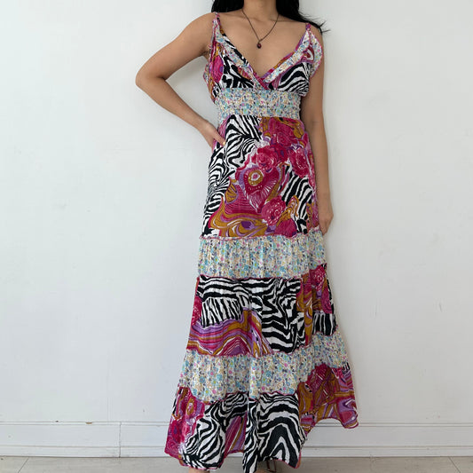 Pink Floral and Zebra Print Flowy Summer Maxi Dress - Small/Medium