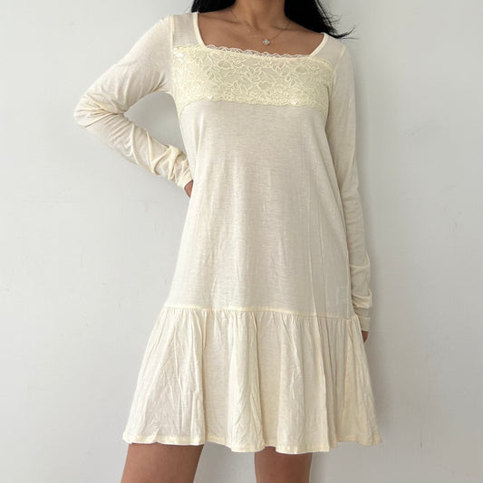 OLIVE des OLIVE Cream Lace Trim Square Neck Long Sleeve Dress - Small