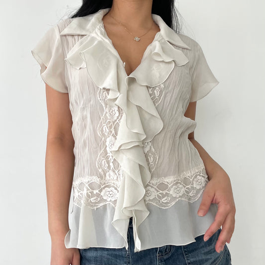 Vintage 1990s S.L.B. Ivory Short Sleeve Ruffle Blouse - Medium