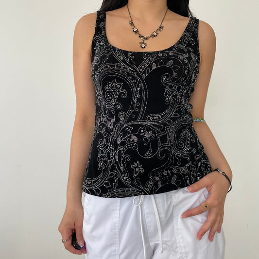 Vintage 1980s Alex Evenings Black and Silver Paisley Patterned Tank Top - Medium