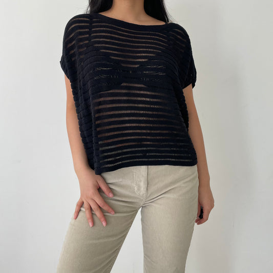 Eileen Fisher Sheer Black Striped Short Sleeve Batwing Top - X-Small/Small