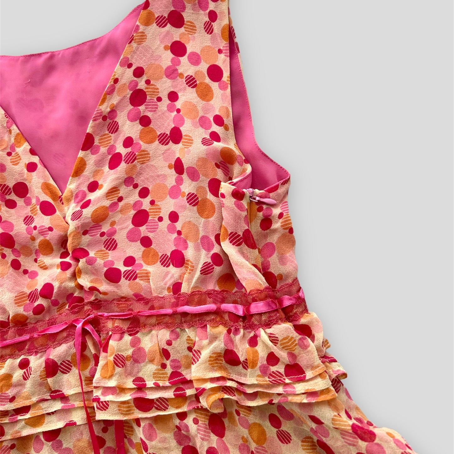 Pink and Orange Sleeveless V Neck Silk Ruffle Top - X-Small