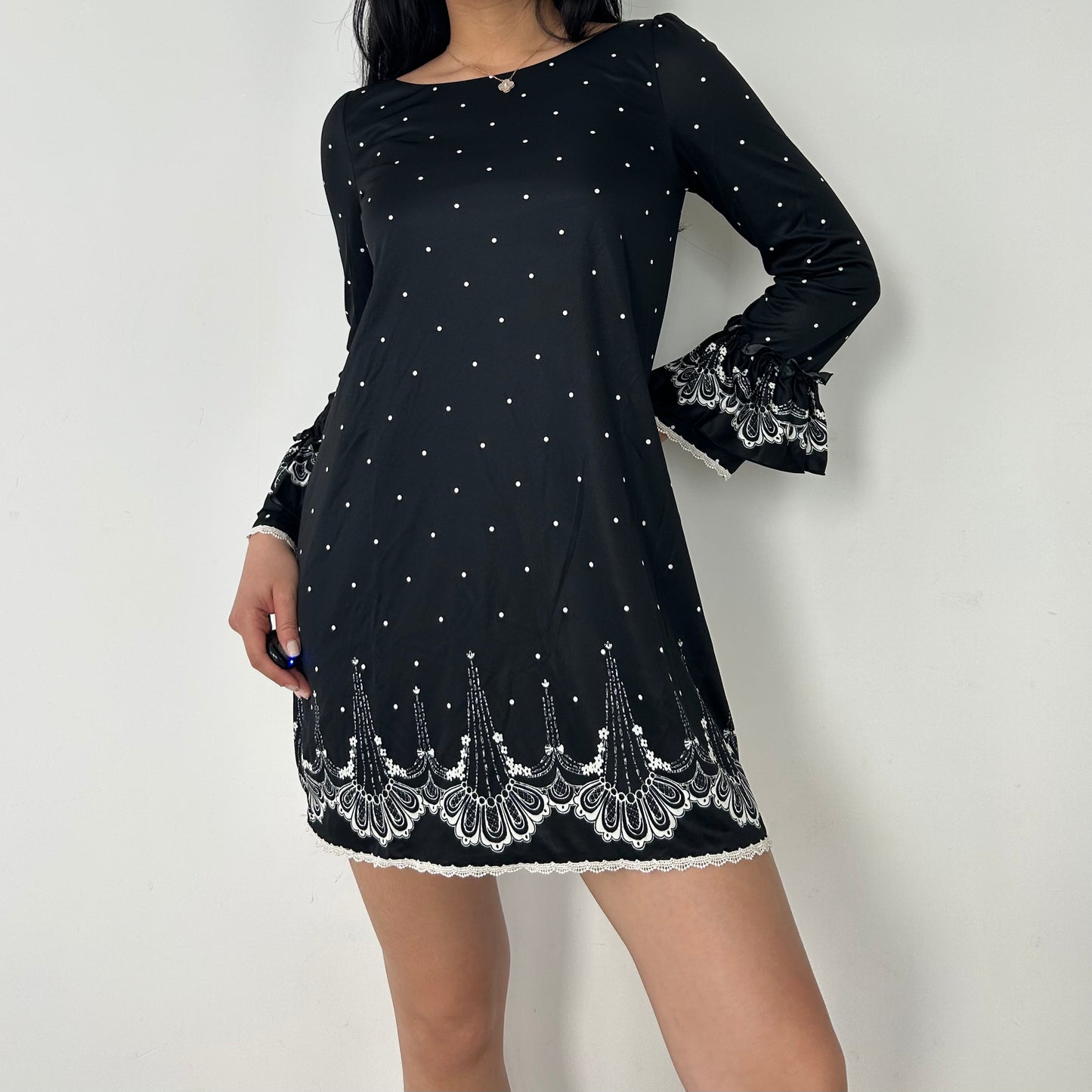 BNWT Snidel Black Boat Neck Polka Dot Printed Bell Sleeve Mini Dress - X-Small/Small