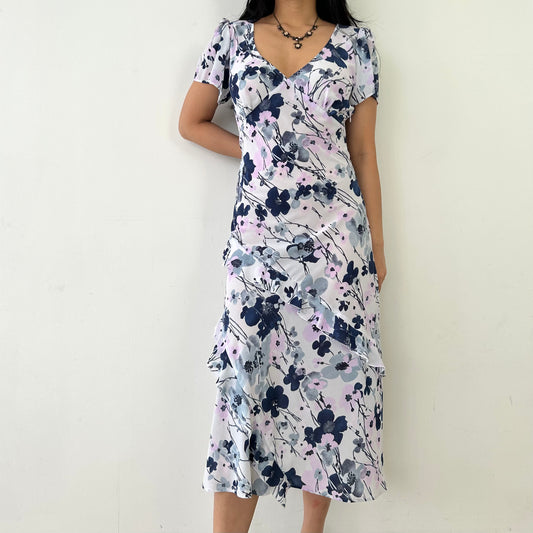 Paul Costelloe Dressage Short Sleeve V Neck Long Blue Floral Ruffle Slip Dress - Medium