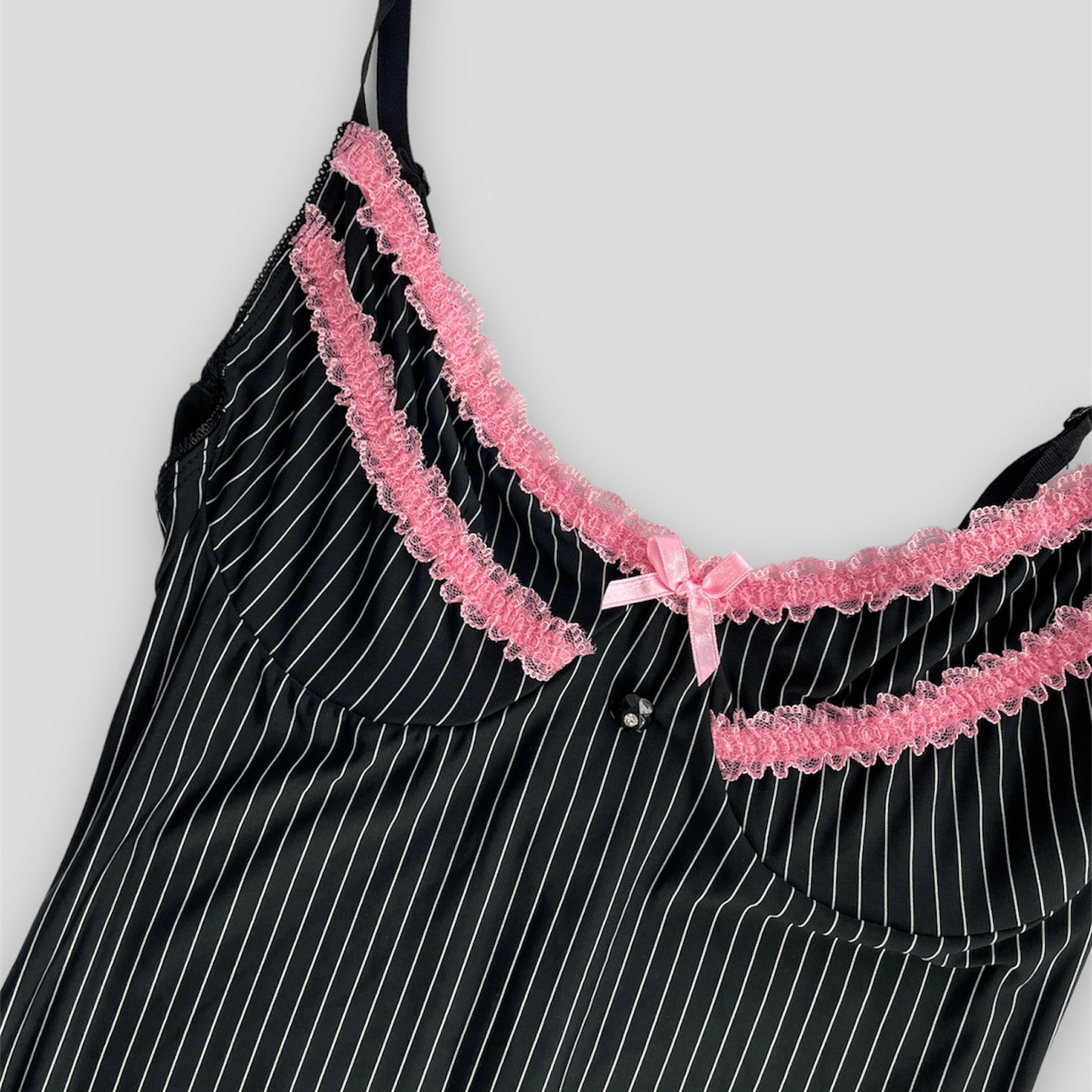 Dreamgirl Black and White Pinstripe Lingerie Top with Pink Ruffle Trim - Small