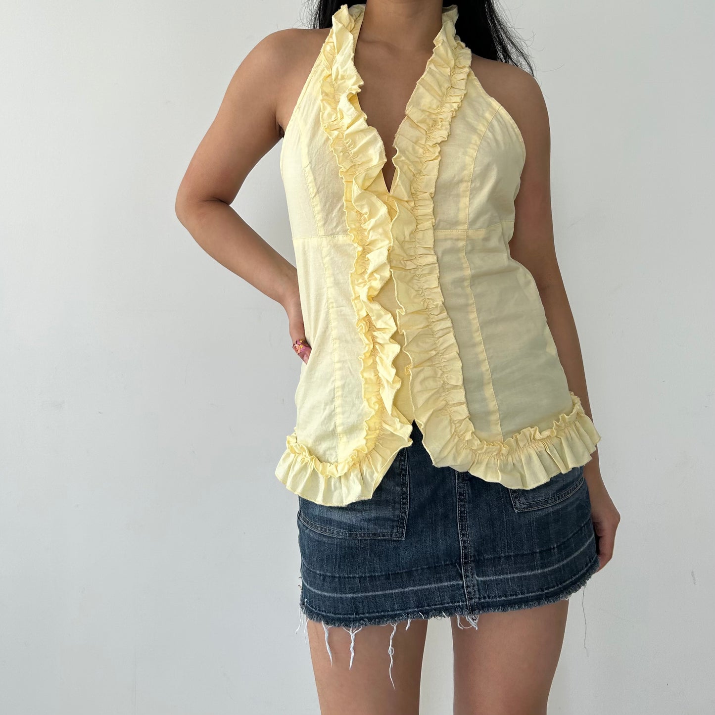 Costa Blanca Butter Yellow Ruffle Halter Neck Top - Large