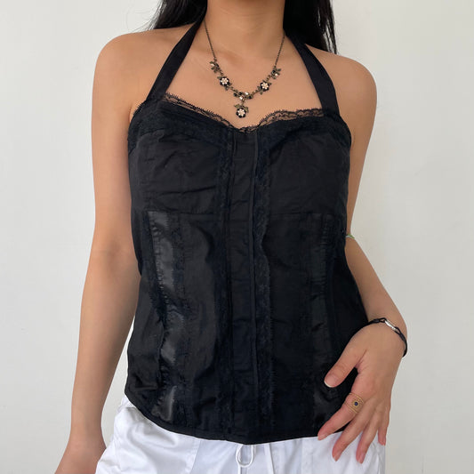 Candy Couture Black Halter Neck Lace Corset Tank Top - Small