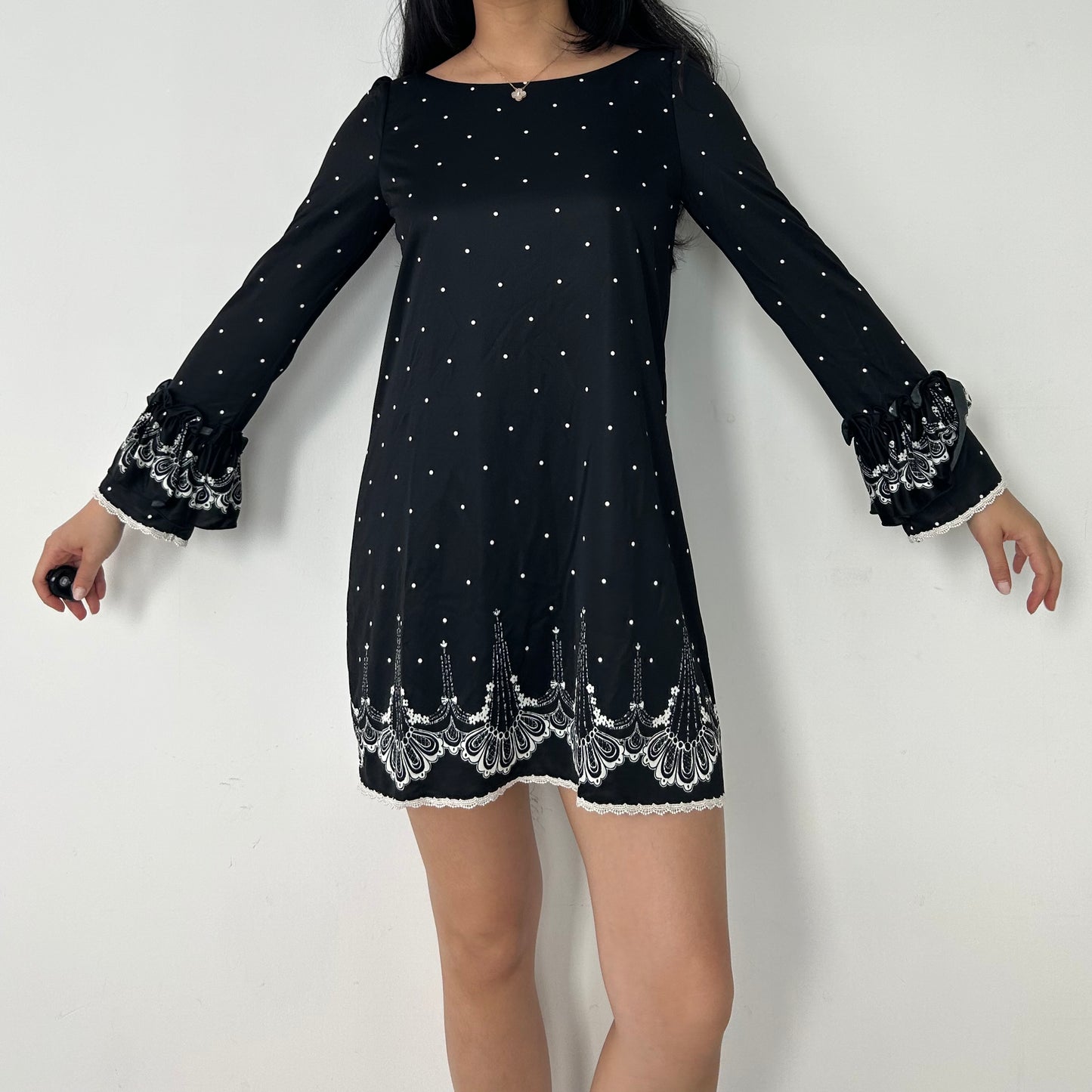 BNWT Snidel Black Boat Neck Polka Dot Printed Bell Sleeve Mini Dress - X-Small/Small