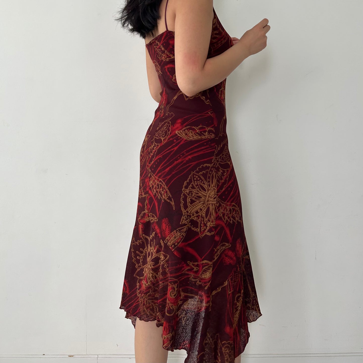 Vintage Made in USA Burgundy Red Floral Asymmetrical Midi Dress