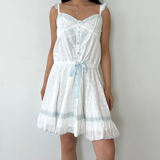 Japanese Designer A Mon Avis White Broderie Anglaise Baby Blue Ribbon Mini Dress - Small