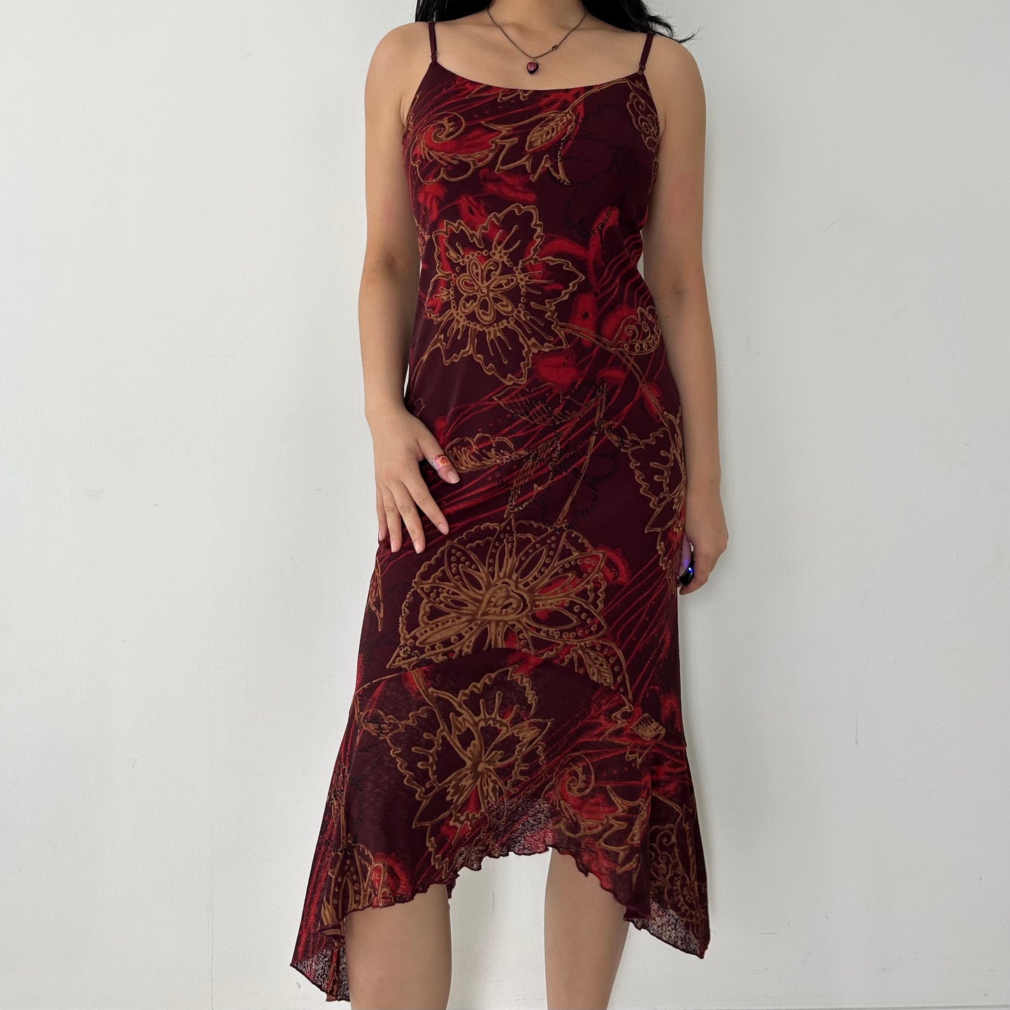 Vintage Made in USA Burgundy Red Floral Asymmetrical Midi Dress