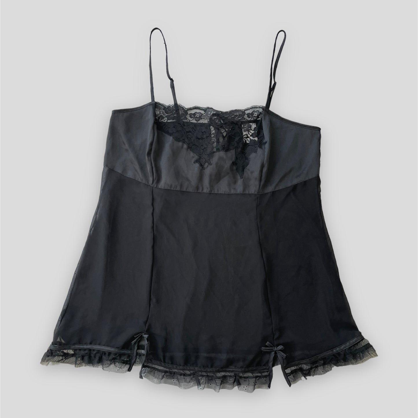 Black Lace Trim Ruffle Hem Bow Detail Satin Lingerie Top - XX-Large